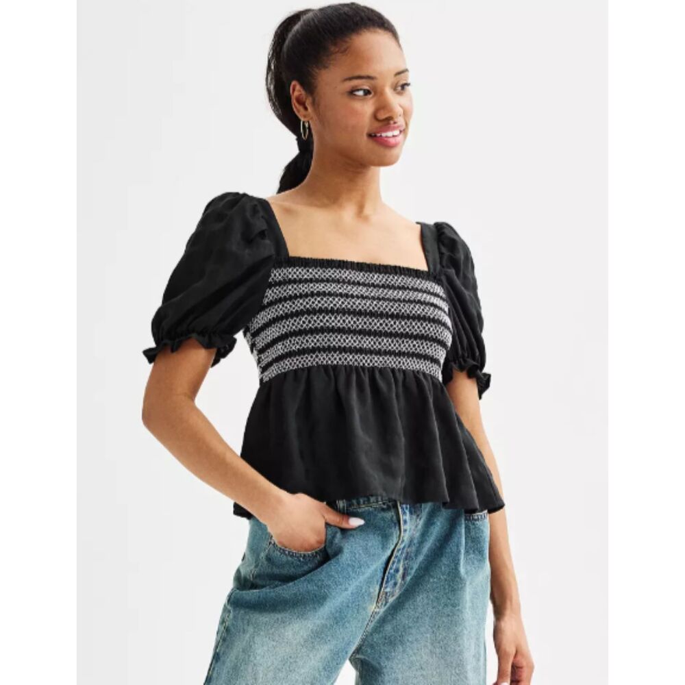 Dizzy Lizzy Peplum Top Women M Black White Puff Sleeve Stitched Blouse